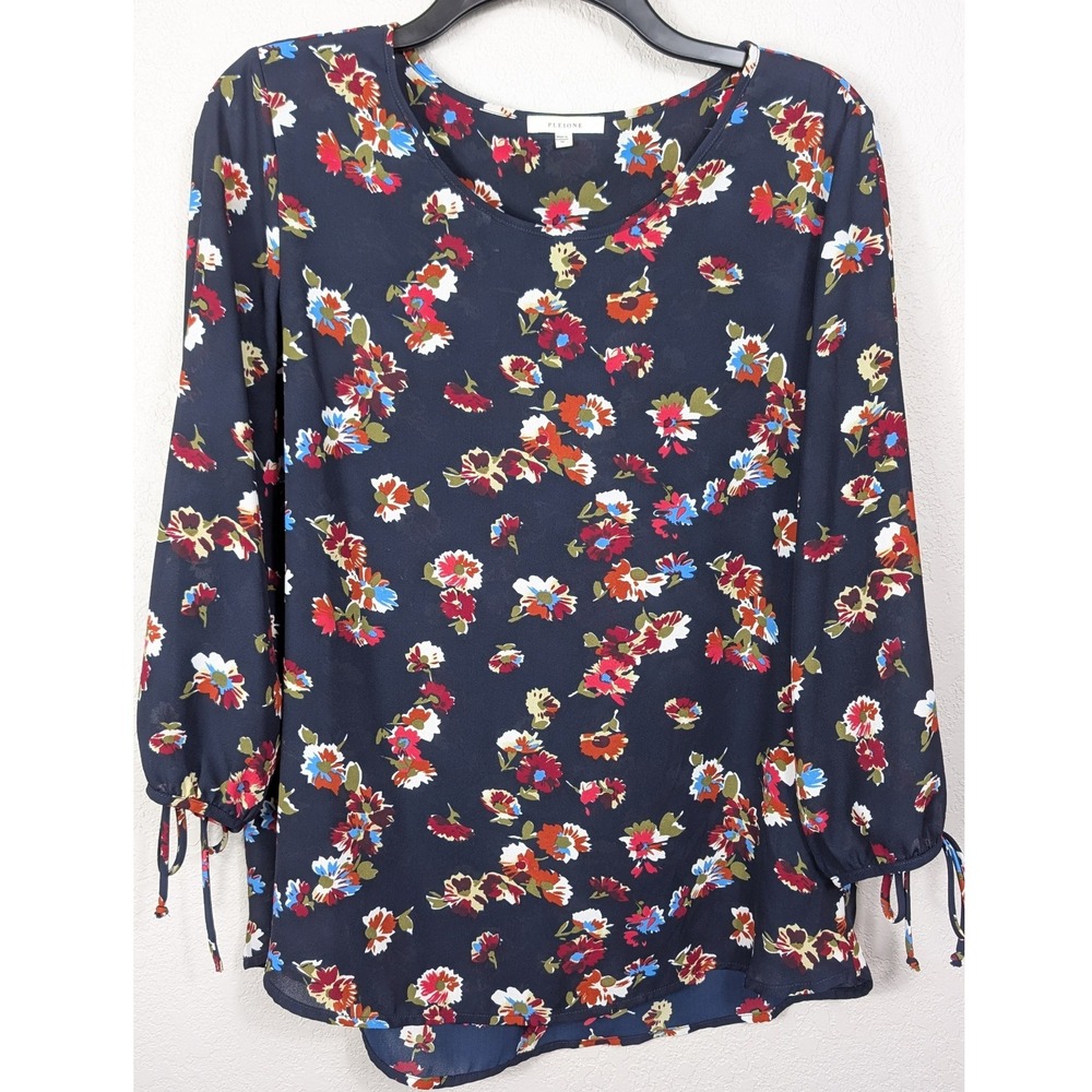 PLEIONE Women's Navy Floral Print‎ Long Sleeve Tie Cuff Blouse Top Size M